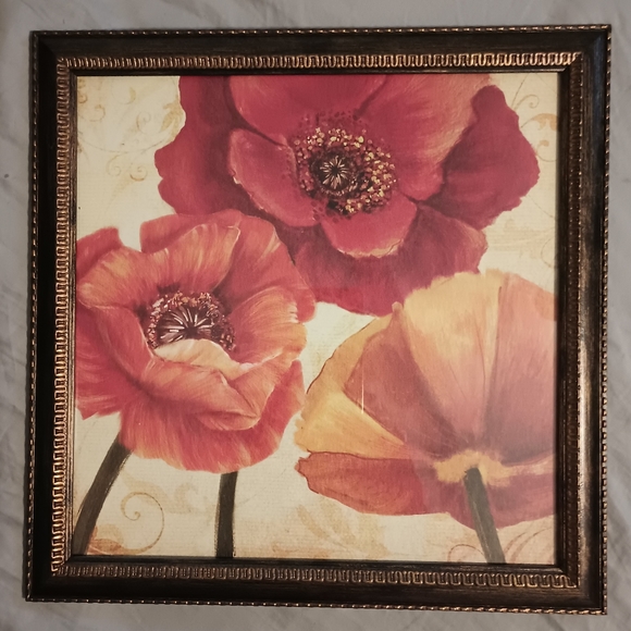 Lot of 2 12x12 Framed Poppy Prints Red Orange Yellow Beige Brushed Gold Brown - Picture 3 of 8